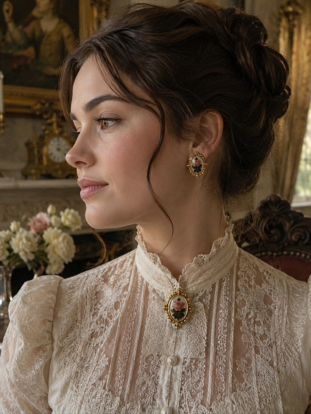 Vintage 1928 Gold Tone Floral Porcelain Rose Oval Stud Earrings Victorian